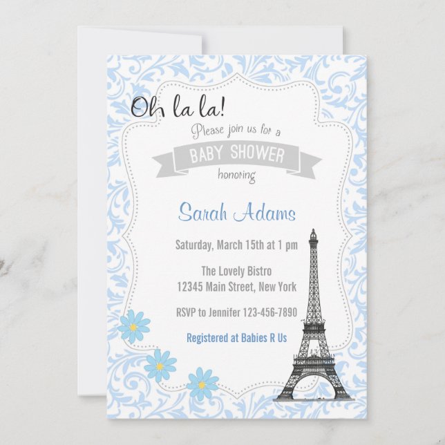 Tema de París Invitación a Baby Shower Azul (Anverso)