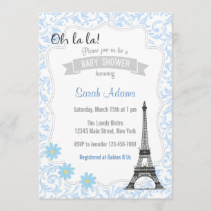 Tema de París Invitación a Baby Shower Azul