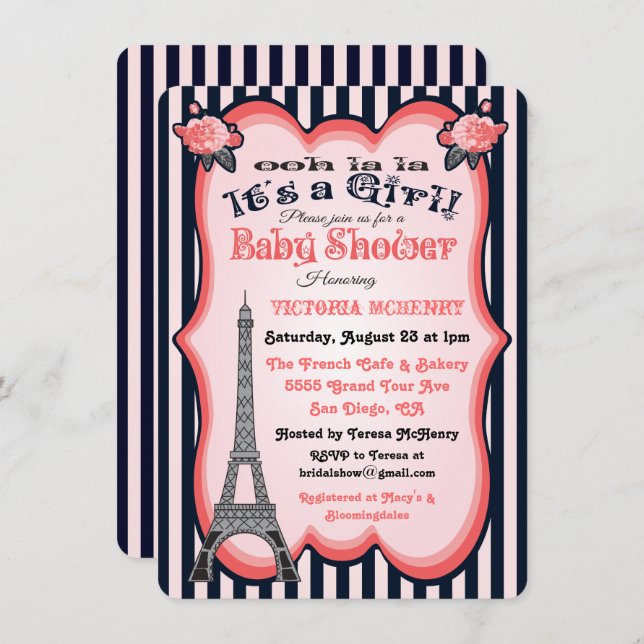 Tema de París Invitaciones a la ducha bebé (Anverso / Reverso)