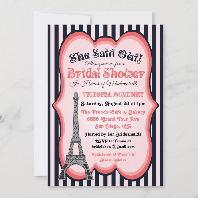 Tema de París Invitaciones a la ducha de novia (Anverso)