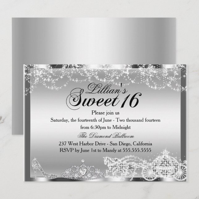 Tema de Princesa Brillo Plateado Invitación Sweet  (Anverso / Reverso)