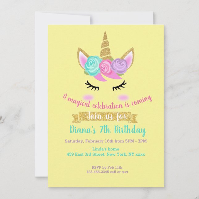 Tema de Unicornio de Invitación de Cumpleaños de l (Anverso)