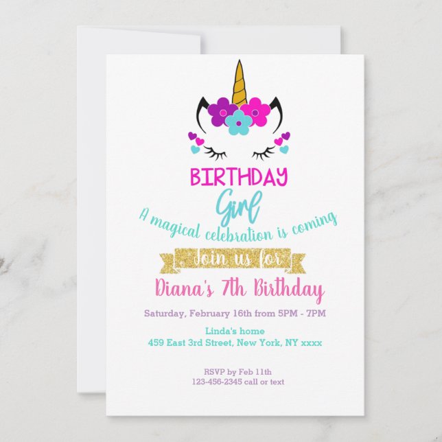 Tema de Unicornio de Invitación de Cumpleaños de l (Anverso)