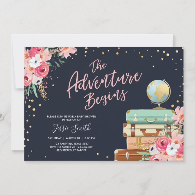 Tema de viajes Bebé ducha invitación Adventure Beg (Anverso)