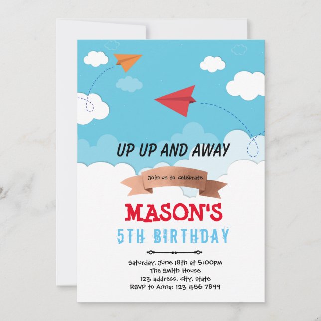 Tema del cumpleaños del avión de papel Invitación (Anverso)