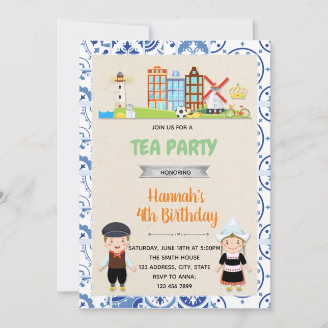 Tema del cumpleaños neerlandés Invitación (Anverso)