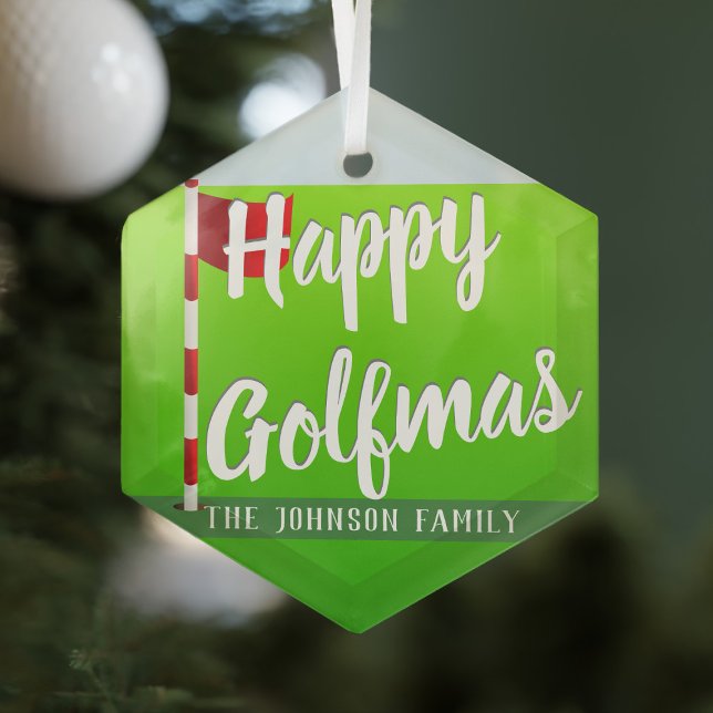 Tema del golf Feliz Día de Glass Ornamento (Happy Golfmas Ornament. Just add your name)