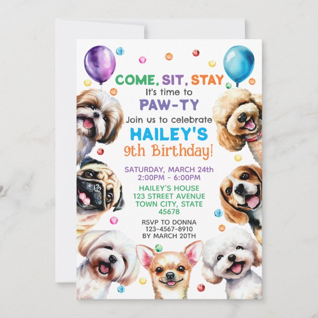 Tema del perro 9 Invitación a la fiesta de cumplea (Anverso)