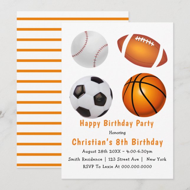Tema deportivo 8invitaciones a fiesta de cumpleaño (Anverso / Reverso)