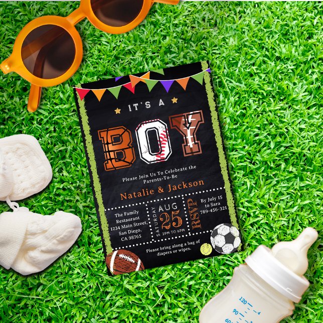 Tema deportivo Chalkboard Baby Boy Invitación a la (Sport Theme Chalkboard Baby Boy Shower Invitation)