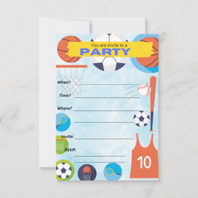 tema deportivo, invitación de fiesta de cumpleaños (Anverso)