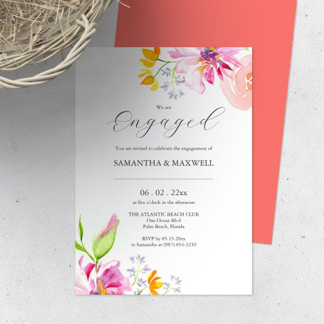 Tema Floral de invitaciones de compromiso de perso (Engagement party invitations online features unique watercolor floral art by Victoria Grigaliunas)