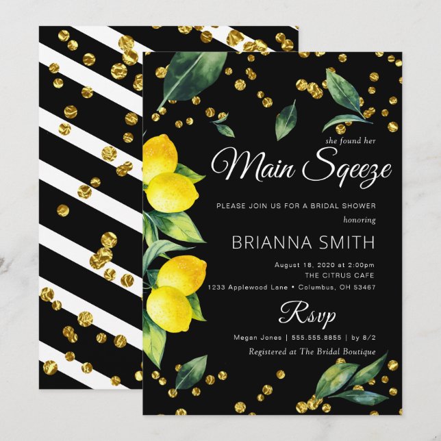 Tema negro limón Elegante Bridal Shower Invitación (Anverso / Reverso)