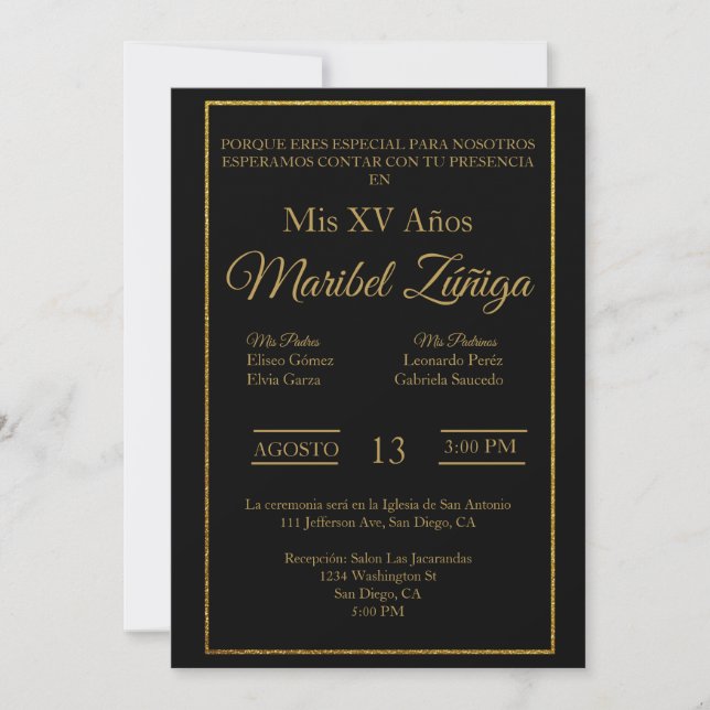 Tema negro y oro Invitación a quinceañera (Anverso)