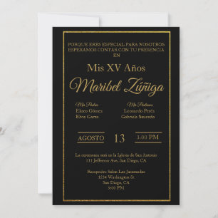 Tema negro y oro Invitación a quinceañera