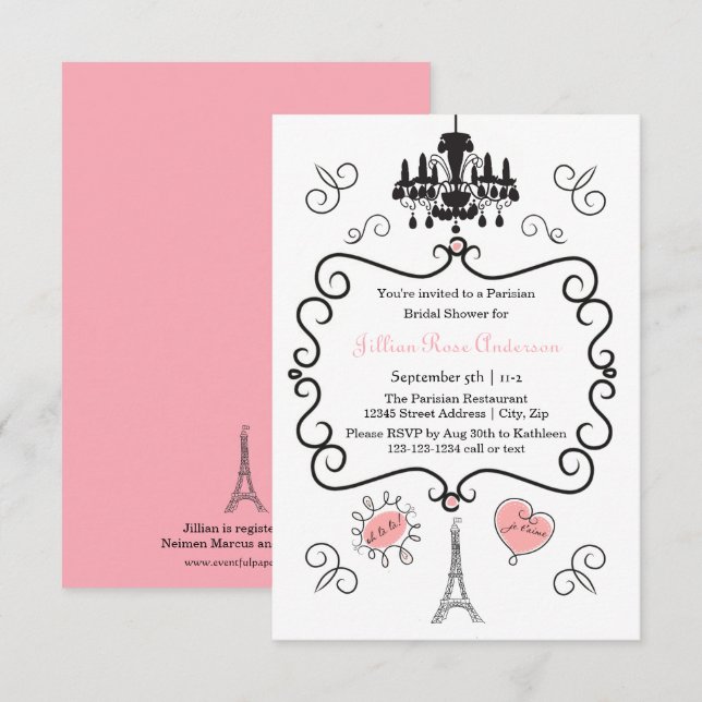 Tema parisino - Invitación a ducha de novia 3x5 (Anverso / Reverso)