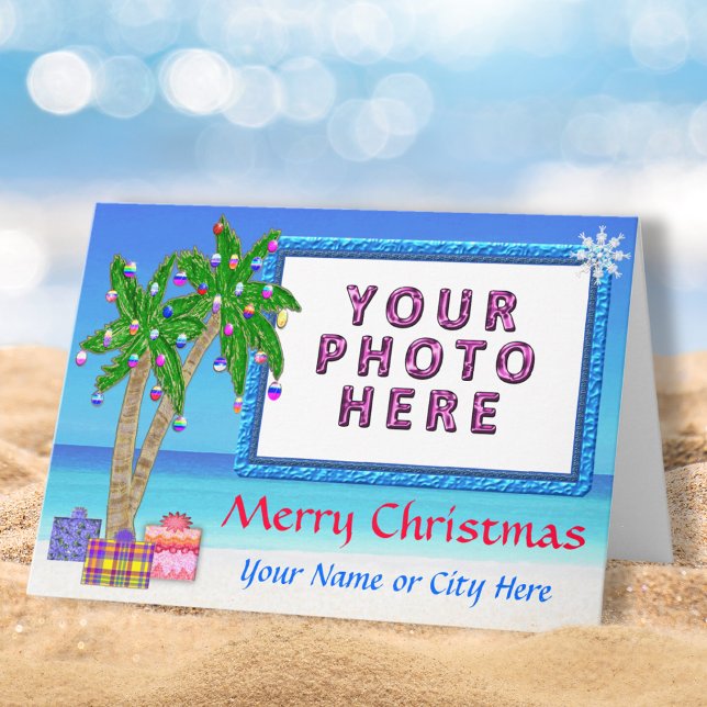 Tema tropical "Añadir tarjetas de Navidades de FOT (Beach themed Christmas Cards, with Your Photo. Beach Christmas Cards. Palm Trees, Presents. )