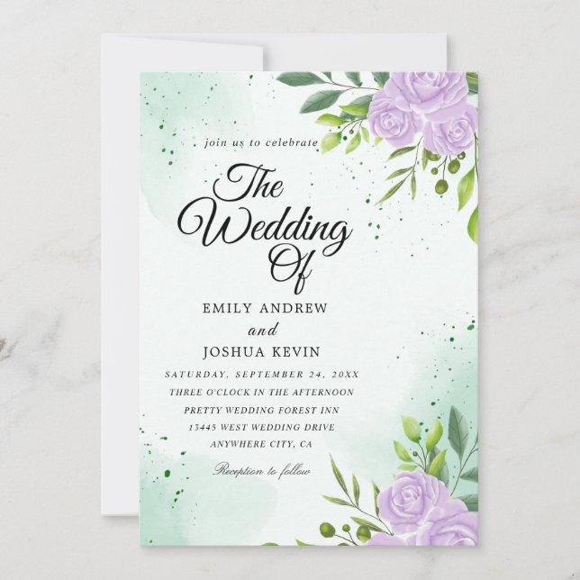 tema verde e invitaciones de boda púrpura (Anverso)