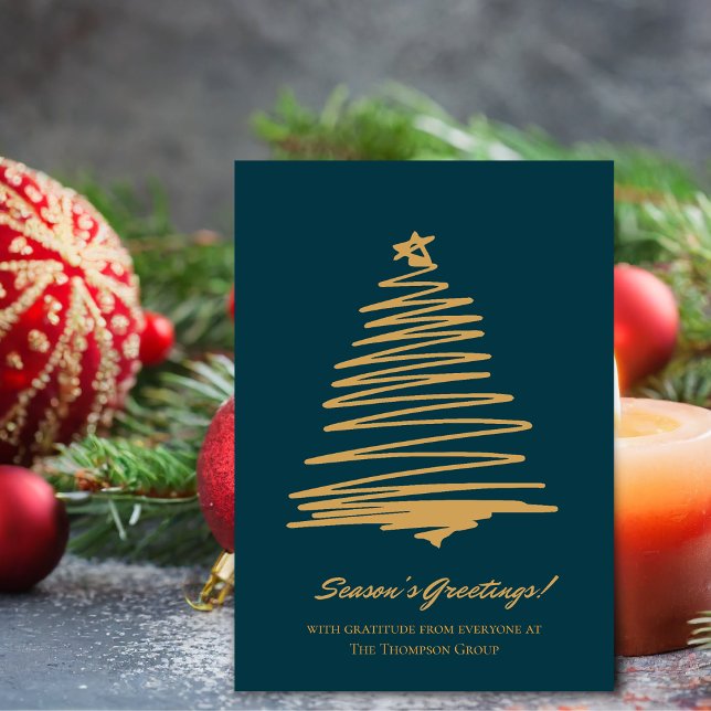 Temporadas de Árbol de Navidad Dorado Saludos Nego (Gold Christmas Tree Seasons Greetings Business Holiday Card)