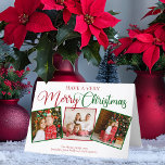 Ten muy Feliz Navidad 3 Foto Verde Rojo<br><div class="desc">Tener una tarjeta fotográfica de Navidad 3 muy Feliz con una caligrafía hermosa en rojo y verde. Esta moderna tarjeta plegada de tres familiares de vacaciones cuenta con un magnífico guión y tu nombre debajo del collage de imágenes cuadradas festivas.</div>