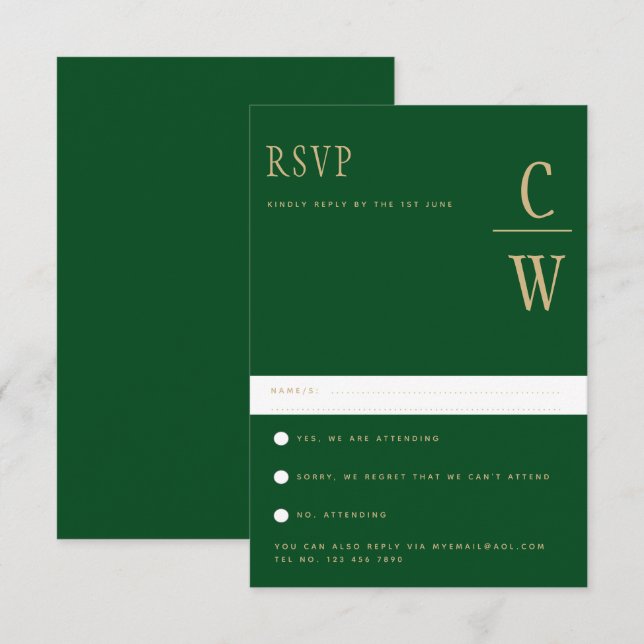 Tendencia de la Boda Verde de Oro Esmeralda RSVP (Anverso / Reverso)