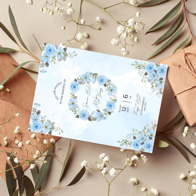 Tendencia de la invitación a la boda sísmica flora (Blue Floral Muslim Wedding Invitation | Modern Couple on Bicycle | Whimsical Watercolor Design)