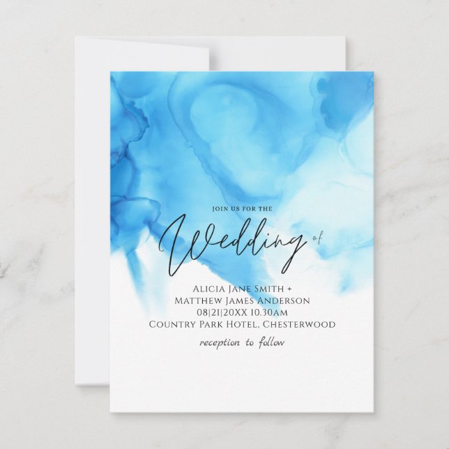 Tendencias Azul Acuarela Efecto de lavar la Boda (Anverso)