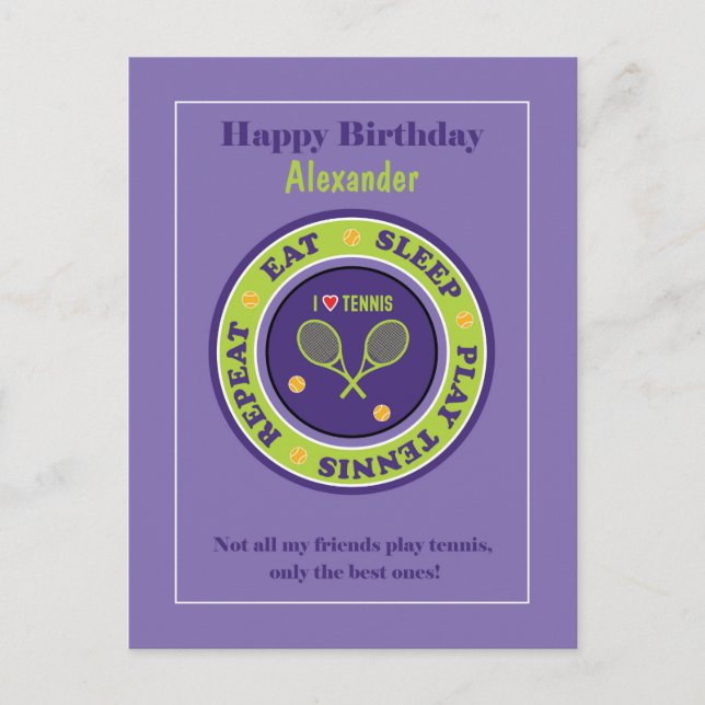 Tenis morado 🎾 postal de cumpleaños feliz (Anverso)