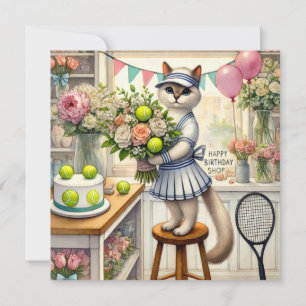 Tennis Cat Watercolor para la tarjeta de cumpleaño