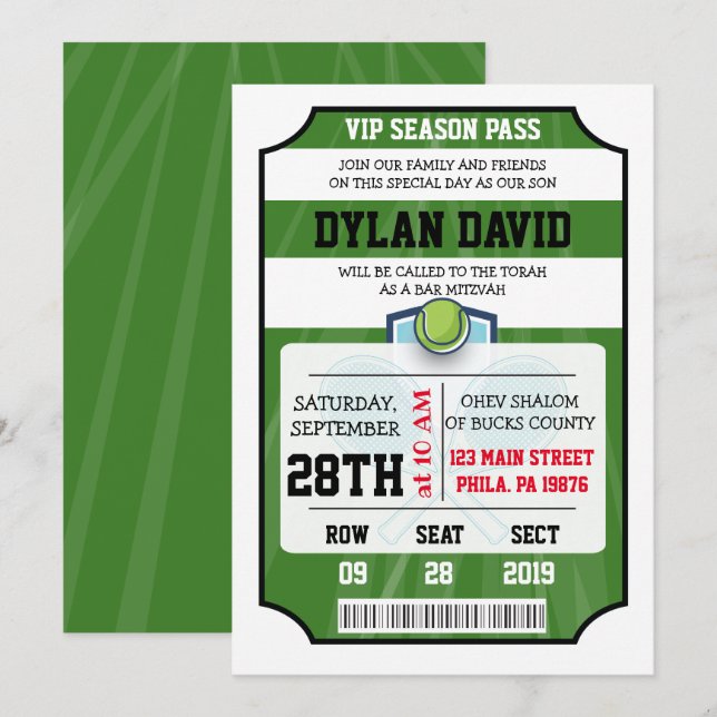 TENNIS VIP TICKET Bar Bat Mitzvah Invitación (Anverso / Reverso)