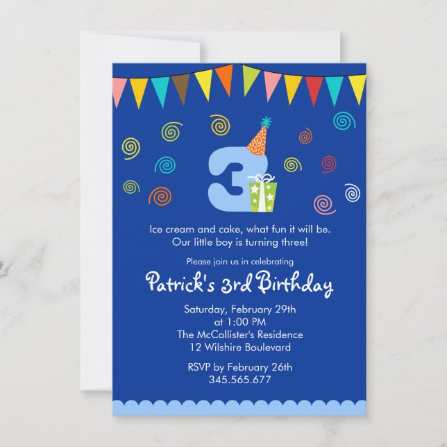 Tercer cumpleaños invitación a fiesta infantil (Anverso)