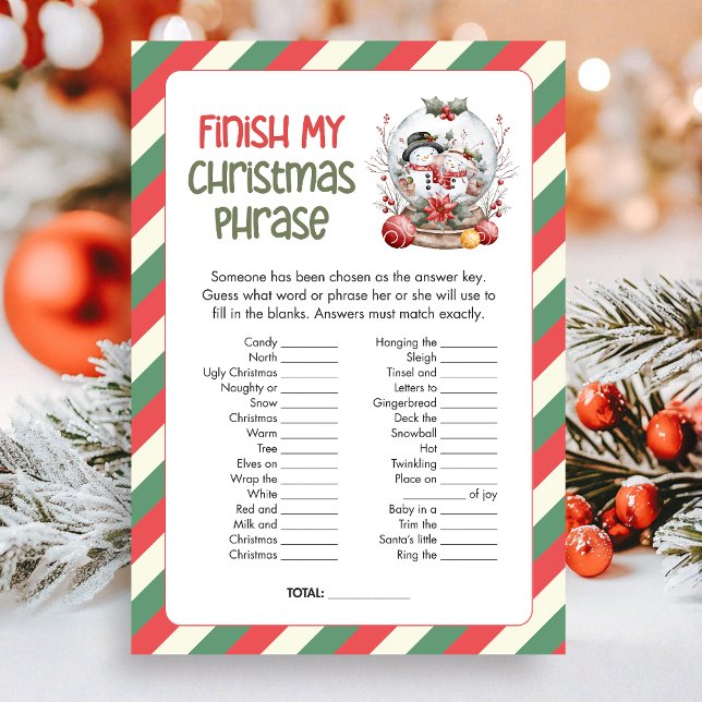 Termina la frase de Navidad Juego de Navidad (Finish the Christmas Phrase Christmas Game Card)