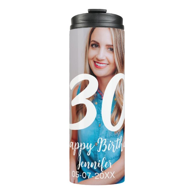 Termo 30.º cumpleaños añadir nombre fecha año foto blanc (Anverso)