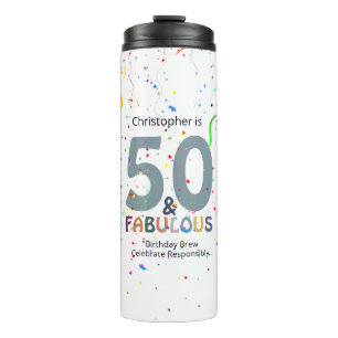 Termo 50 y fabuloso cumpleaños personalizado con confeti