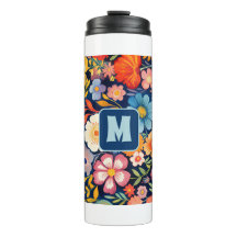 70s 60s Floral Monograma Retro Azul y Naranja