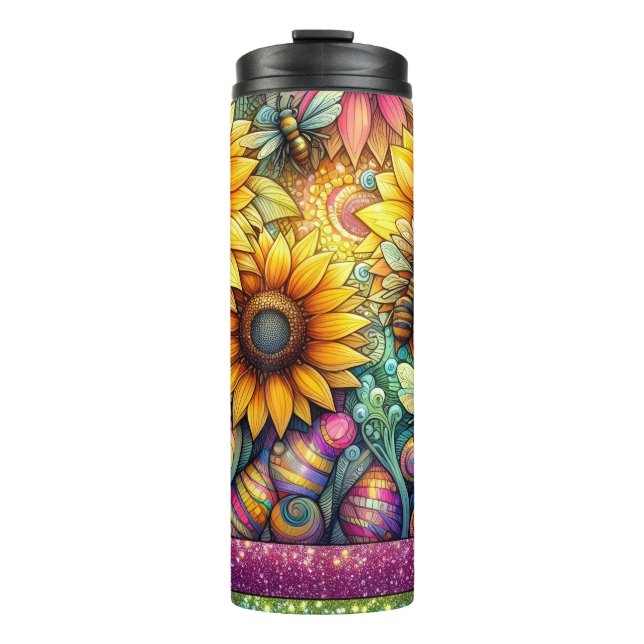 Termo abejas de girasol florecen, Jardín Boho (Anverso)