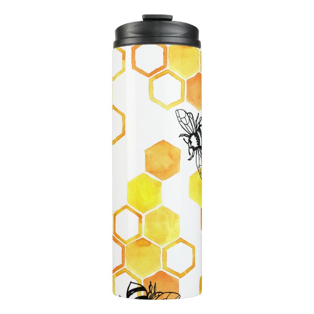 Termo Abejas de miel: Patrón de acuarela amarillo (Anverso)