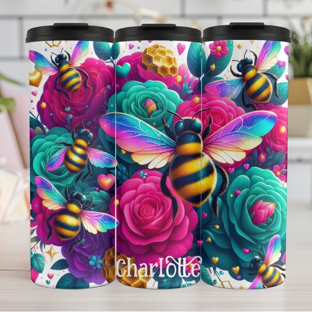 Termo Abejas vibrantes: Alas arcoiris, Rosas Verde azula (Subido por el creador)