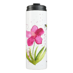 Termo Abejorro de flor rosa acuarela