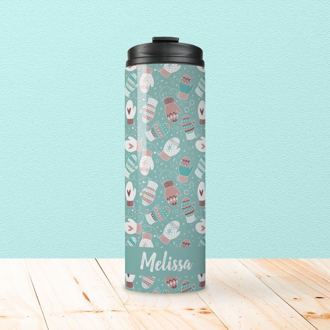 Termo Acogedores Navidades de invierno miden el patrón e (Mint Winter Mittens Pattern Thermal Tumbler)