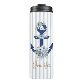 Termo acuarela azul botánico franjas náuticas oro