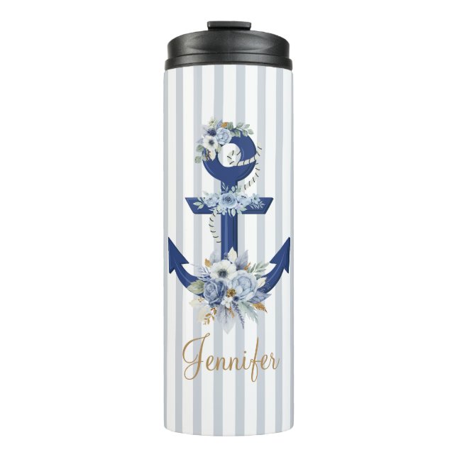 Termo acuarela azul botánico franjas náuticas oro (Anverso)