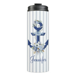 Termo acuarela azul floral franjas náuticas nombre