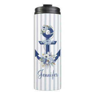 Termo acuarela azul floral franjas náuticas nombre