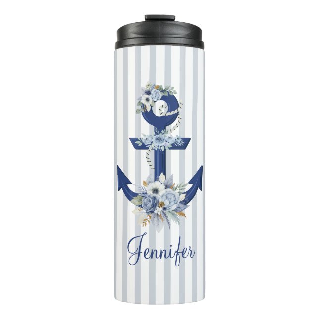 Termo acuarela azul floral franjas náuticas nombre (Anverso)