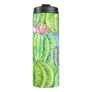 Termo Acuarela Cacti: Ornamento de verano floral.