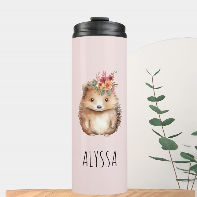 Termo acuarela de Hedgehog floral (Floral Hedgehog watercolor Thermal Tumbler Travel mug for her blush pink)