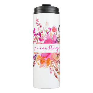 Termo Acuarela floral personalizada de color rosa brilla