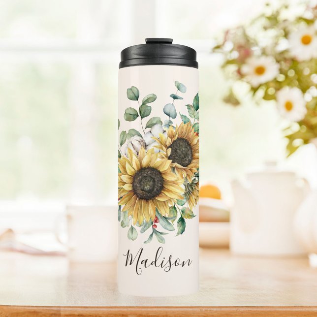 Termo Acuarela Monogramada Vintage Rustic Sunflower (In situ on kitchen table)