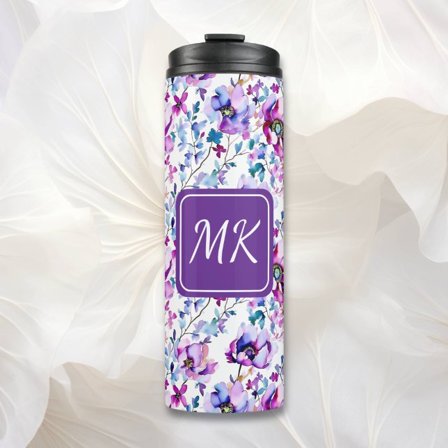 Termo Acuarela morada floral monogramada (Subido por el creador)